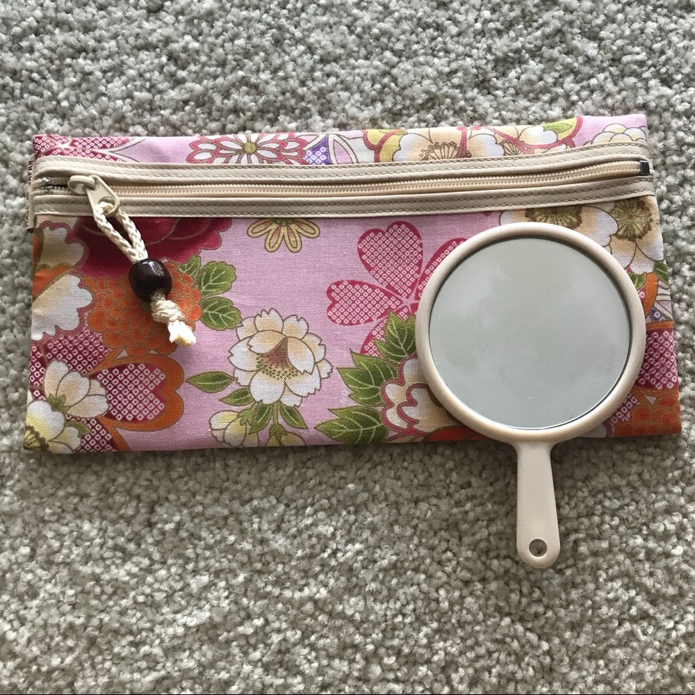 Japanese Cherry Blossom Cosmetic Bag & Mirror NWT